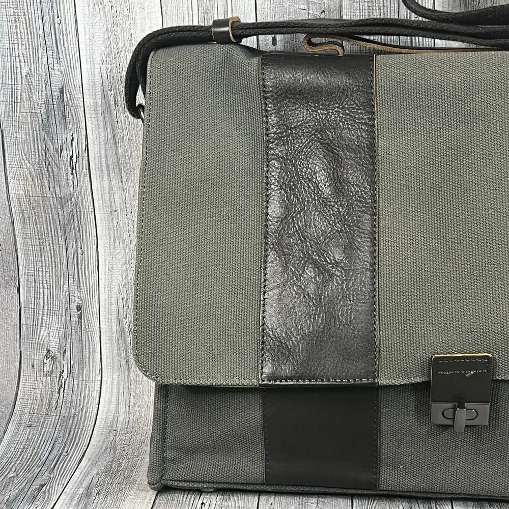 Pottery Barn Messenger Laptop Bag Bradley Leather & Canvas Taupe & Olive Bag